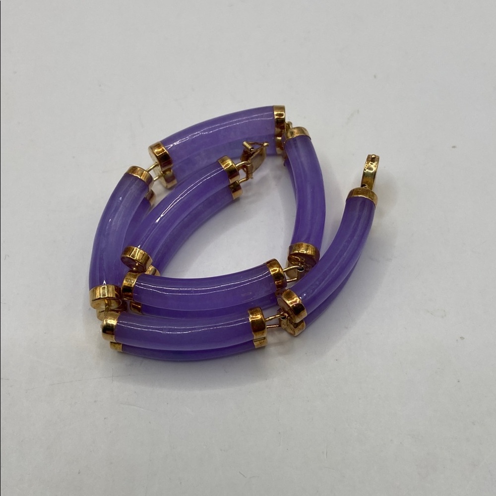 Vintage 14K Yellow Gold Double Row Good Fortune Lavender Jade Bracelet 8 1/4”L - Picture 6 of 8